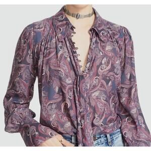 Free People Modern Muse Paisley Top Blouse Purple Button Front Womens Sz Small